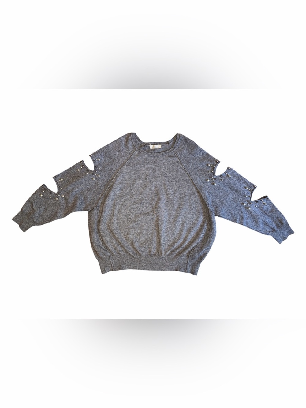 Elan Gray Crewneck Sweatshirt with Cutout Pearl-Studded Sleeves - Picture 2 of 7
